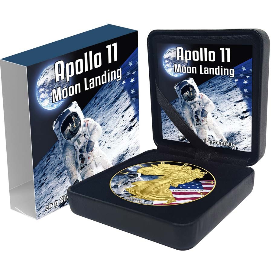 USA APOLLO-11 MOON LANDING FIRST WALK ON THE MOON American Silver Eagle 2019 Walking Liberty $1 Silver coin Gold plated 1 oz